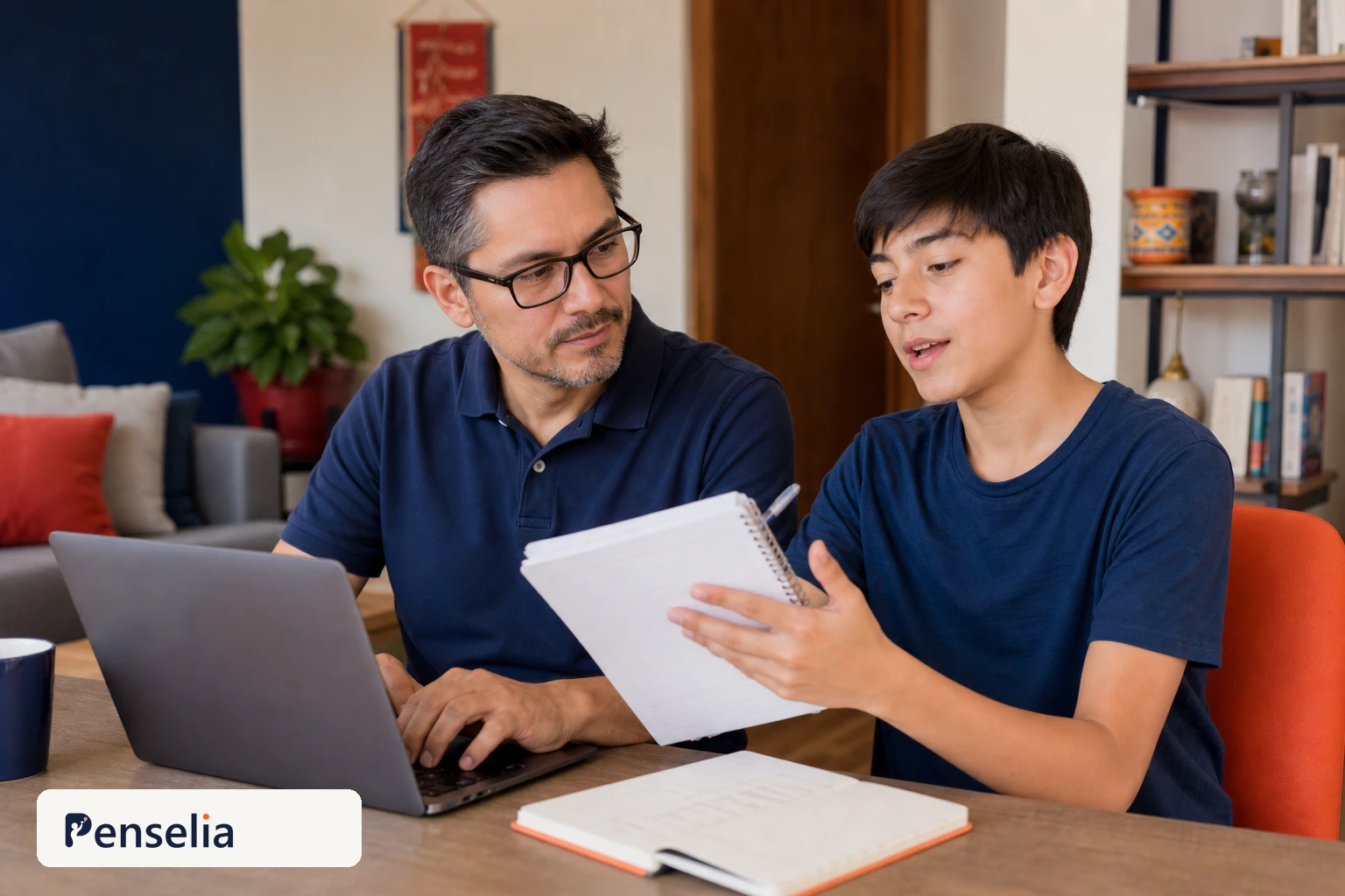 Un padre mexicano de 44 años y su hijo de 12 años conversan sobre sus ideas junto a una computadora. Imagen ilustrativa generada con IA.