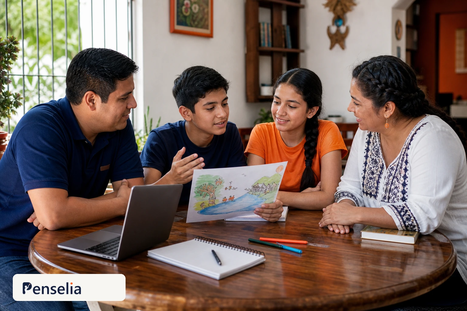 Una mamá, un papá y sus dos hijos aprenden juntos alrededor de una mesa